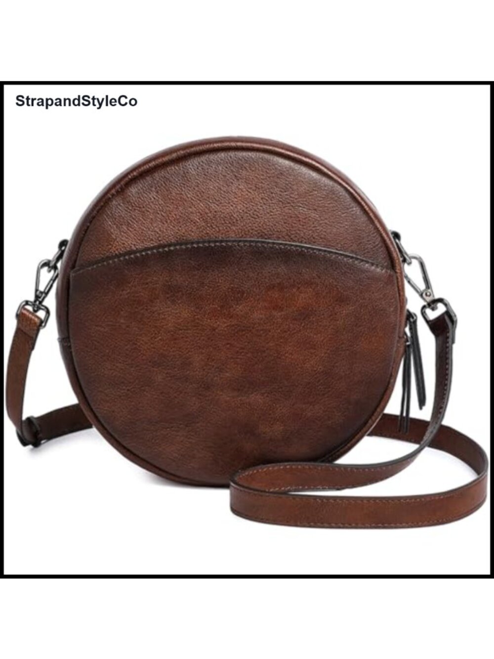 Genuine Leather Round Crossbody Bag Circle Purse Adjustable Strap